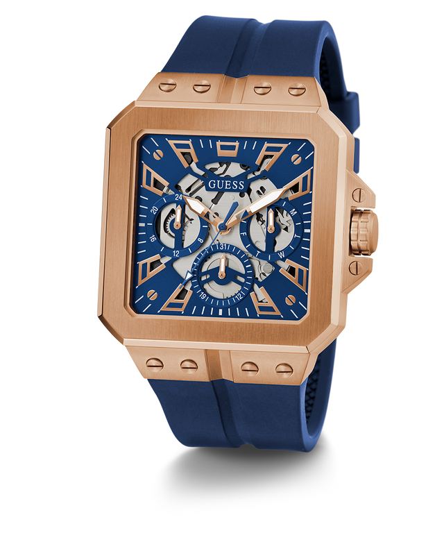 GUESS Mens Blue Rose Gold Tone Multi-function Watch