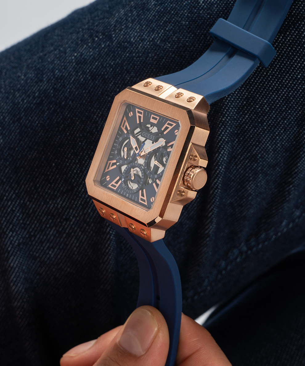 GUESS Mens Blue Rose Gold Tone Multi function Watch GW0637G3