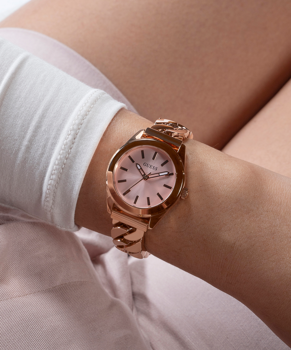 GUESS Ladies Rose Gold Tone Analog Watch lifestyle watch on wrist