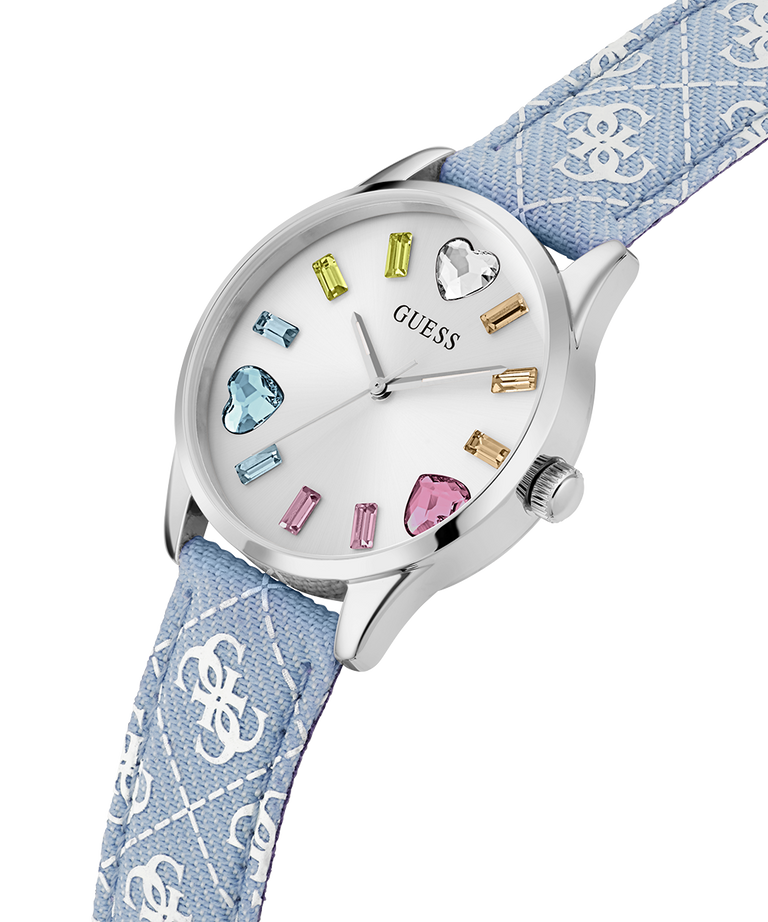 GUESS Ladies Blue Silver Tone Analog Watch lifestyle angle