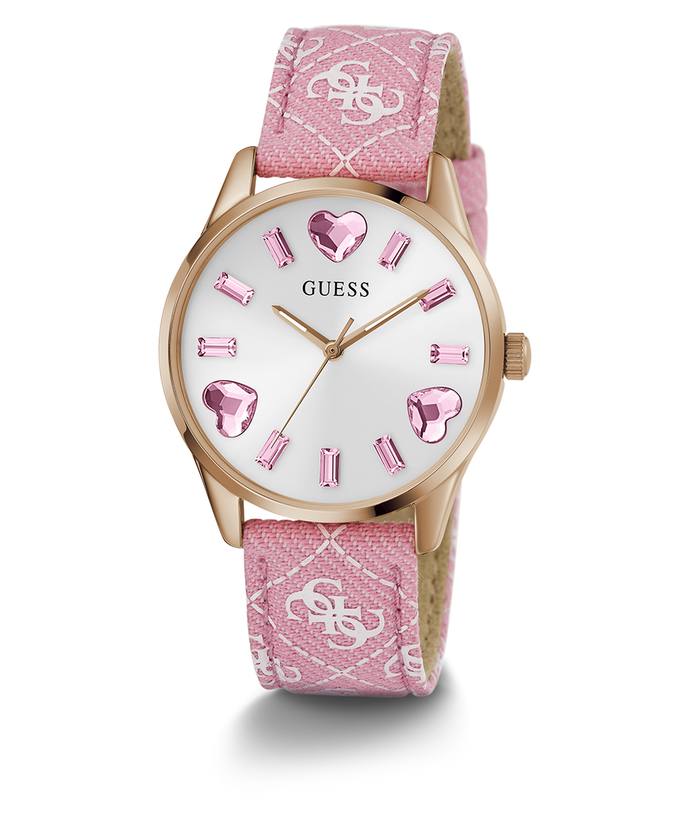 GUESS Ladies Pink Rose Gold Tone Analog Watch angle