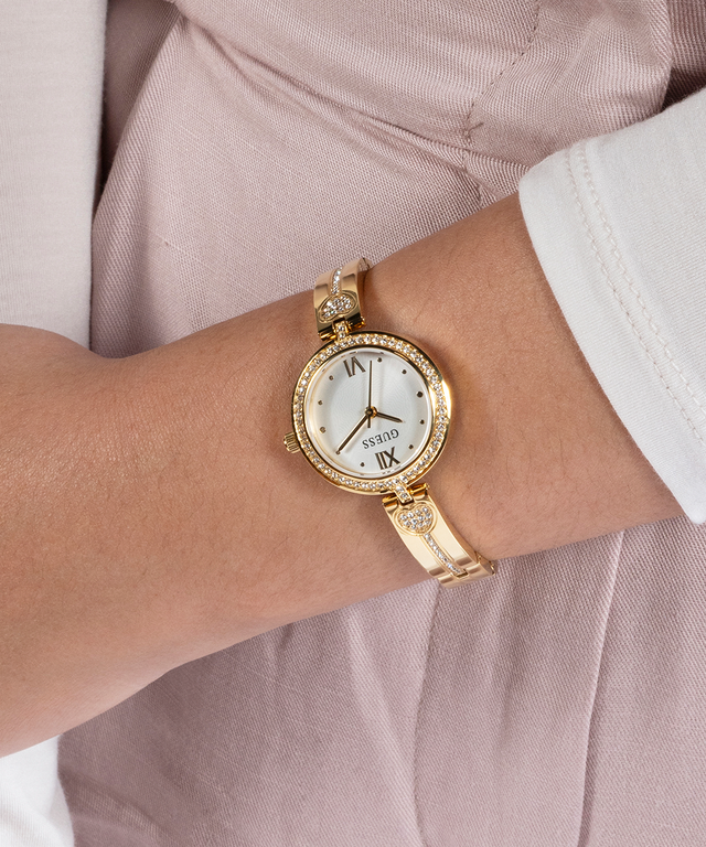 GUESS Ladies Gold Tone Analog Watch lifestyle watch on wrist