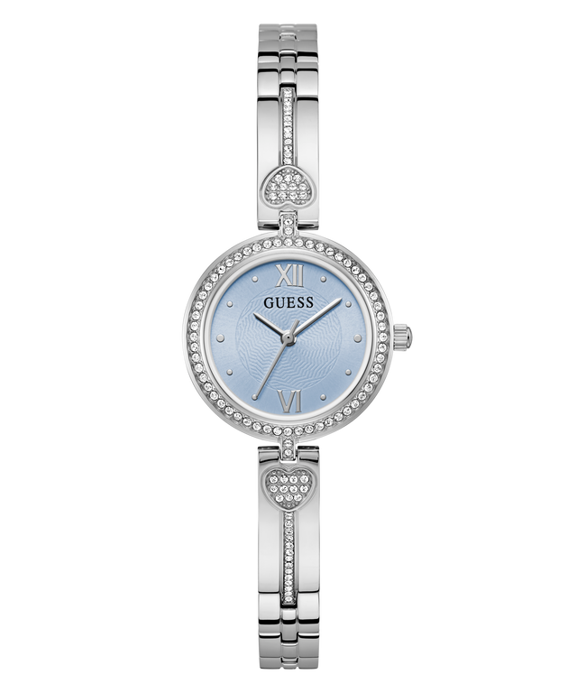 Silver GUESS Ladies Silver Tone Analog Watch with a light blue face on a white background