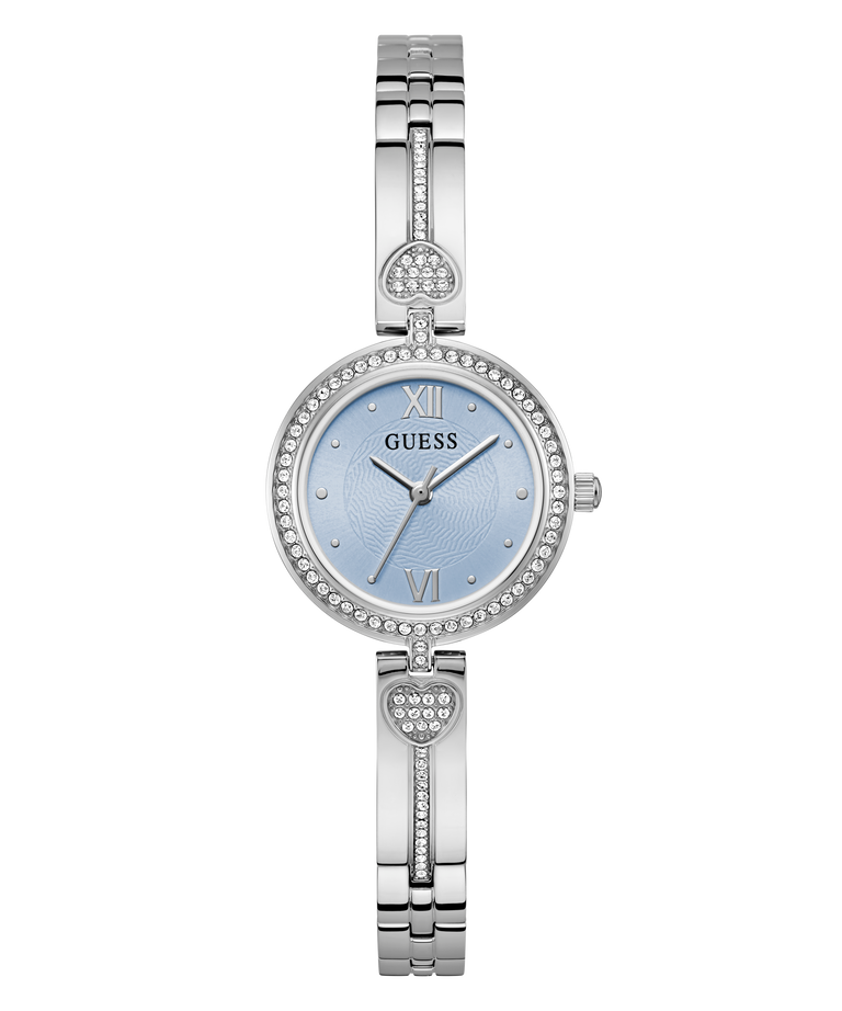 Silver GUESS Ladies Silver Tone Analog Watch with a light blue face on a white background