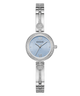 Silver GUESS Ladies Silver Tone Analog Watch with a light blue face on a white background