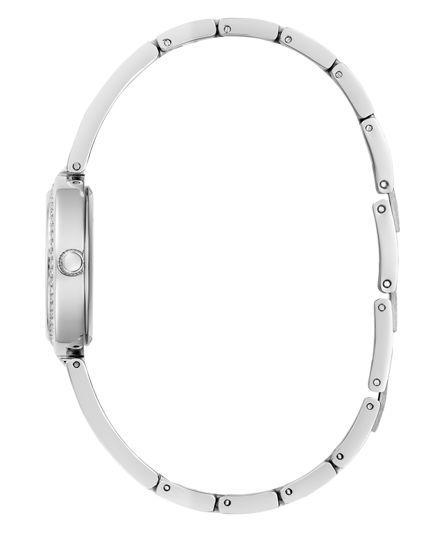 Silver watch with a white strap on a white background