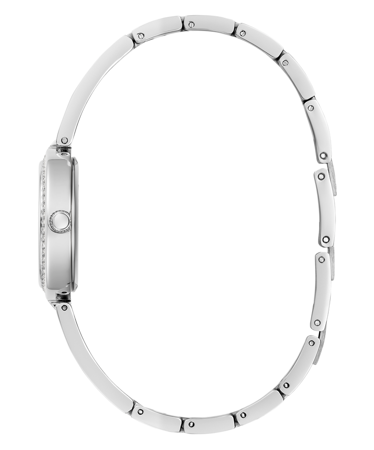 Silver watch with a white strap on a white background