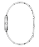 Silver watch with a white strap on a white background