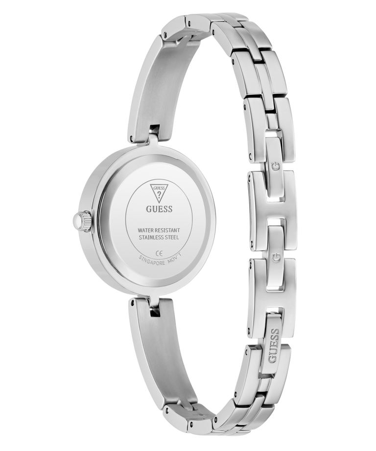 Silver Guess watch with a white background