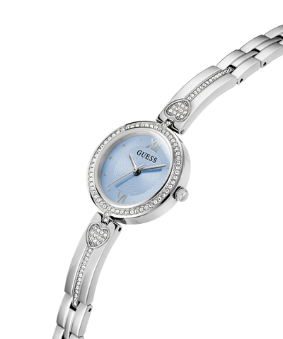 Silver Guess watch with a light blue face on a white background lifestyle