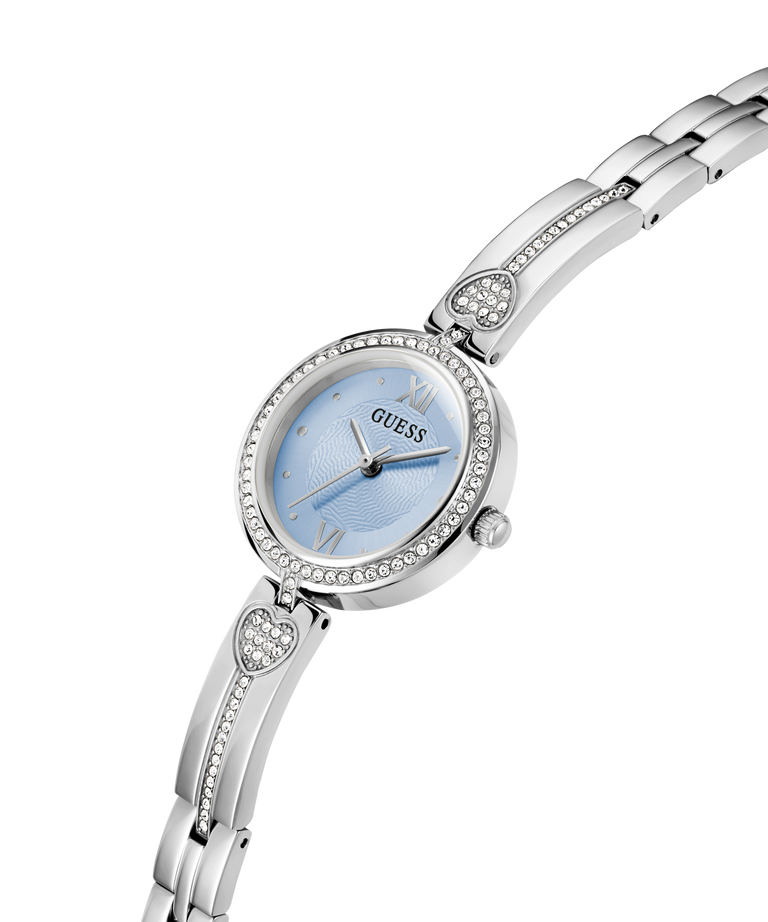Silver Guess watch with a light blue face on a white background lifestyle