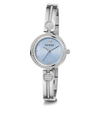 Silver Guess watch with heart design on a white background