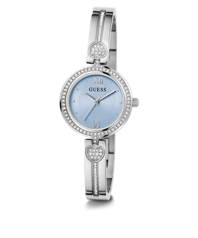 Silver Guess watch with heart design on a white background