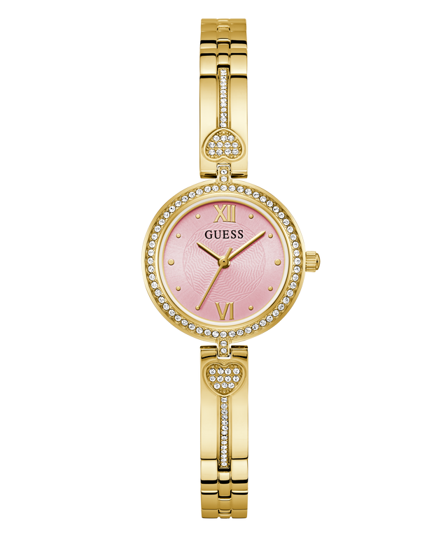 Gold GUESS Ladies Gold Tone Analog Watch with pink face on a white background