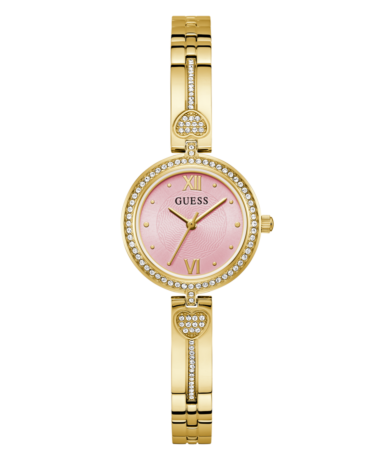 Gold GUESS Ladies Gold Tone Analog Watch with pink face on a white background