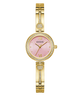 Gold GUESS Ladies Gold Tone Analog Watch with pink face on a white background