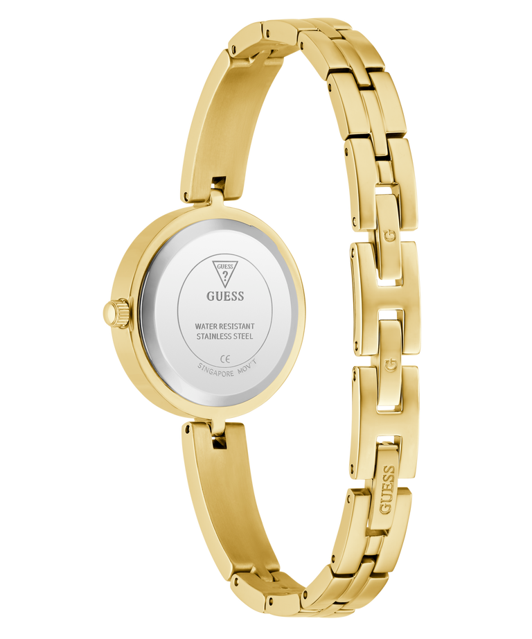 Gold GUESS Ladies Gold Tone Analog Watch with visible brand logo on a white background
