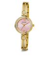 GUESS Ladies Gold Tone Analog Watch with pink dial on a white background