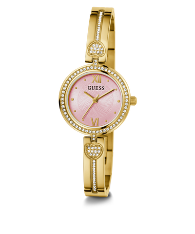 GUESS Ladies Gold Tone Analog Watch with pink dial on a white background