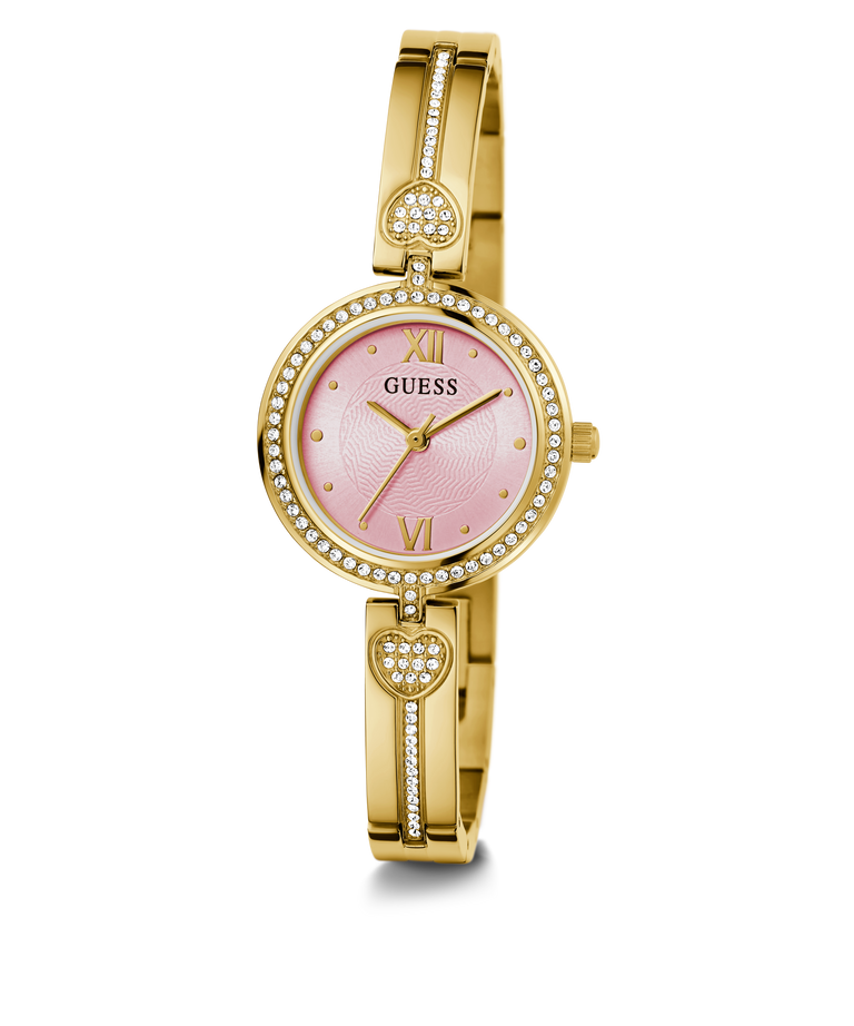 GUESS Ladies Gold Tone Analog Watch with pink dial on a white background