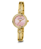 GUESS Ladies Gold Tone Analog Watch with pink dial on a white background