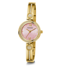 GUESS Ladies Gold Tone Analog Watch with pink dial on a white background