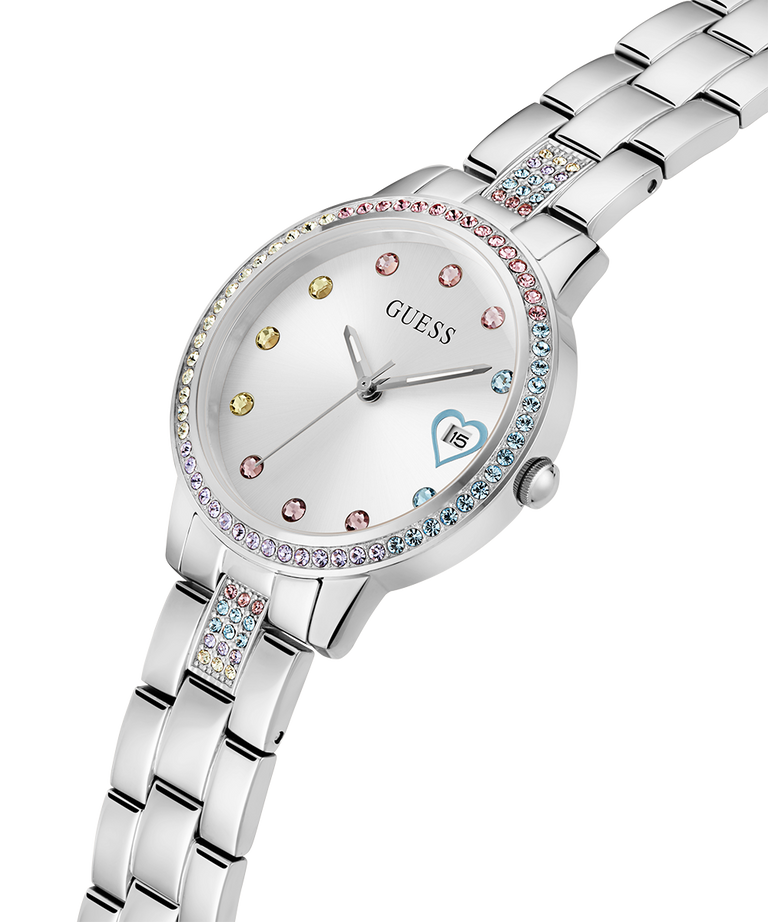 GUESS Ladies Silver Tone Date Watch lifestyle angle