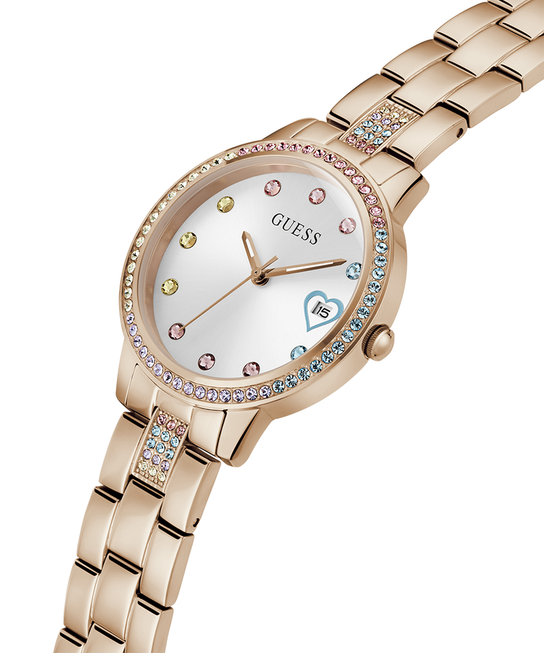GUESS Ladies Rose Gold Tone Date Watch lifestyle angle