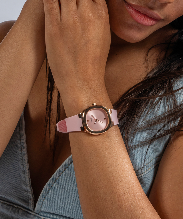 GUESS Ladies Pink Rose Gold Tone Analog Watch lifestyle pink watch