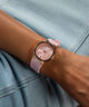GUESS Ladies Pink Rose Gold Tone Analog Watch lifestyle pink watch on wrist