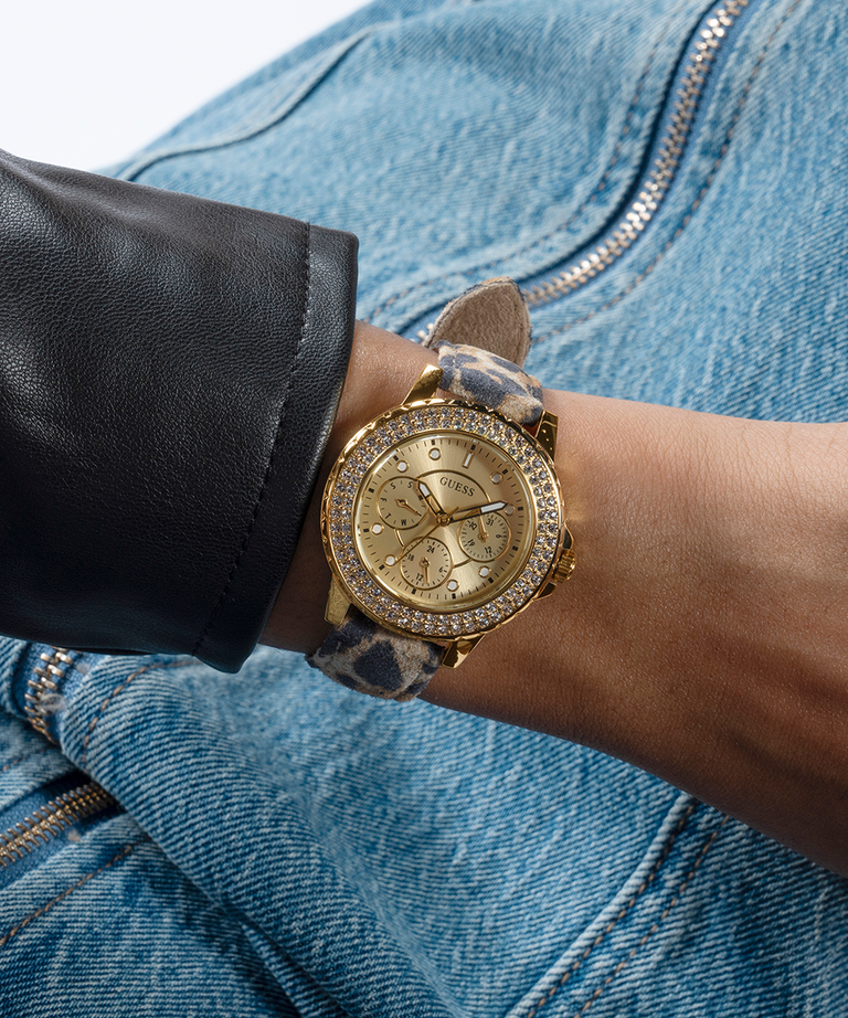 GUESS Ladies Gold Tone Multi-function Watch Box Set lifestyle watch on wrist