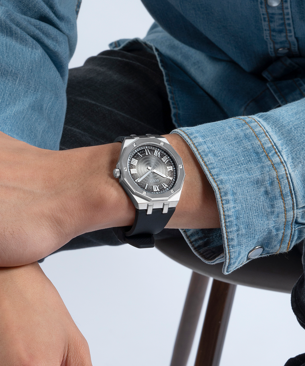 GUESS Mens Black Silver Tone Analog Watch lifestyle watch on wrist