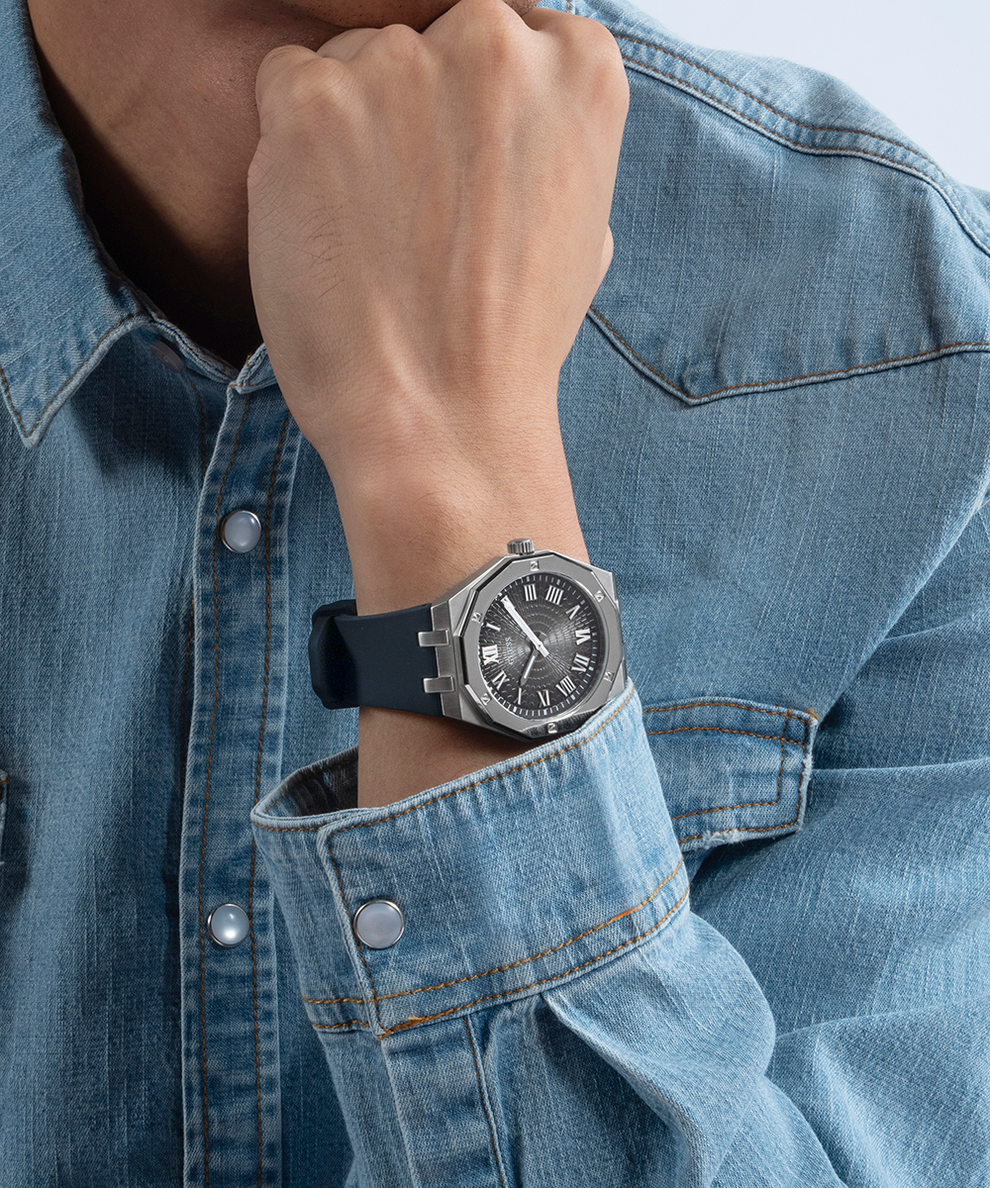 GUESS Mens Black Silver Tone Analog Watch lifestyle black watch on wrist