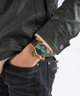 GUESS Mens Gold Tone Multi-function Watch Box Set lifestyle green dial watch on wrist