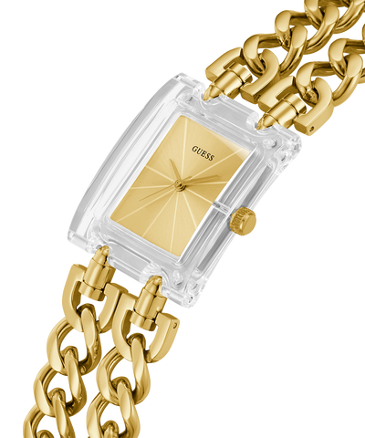 GUESS Ladies Gold Tone Clear Analog Watch lifestyle angle