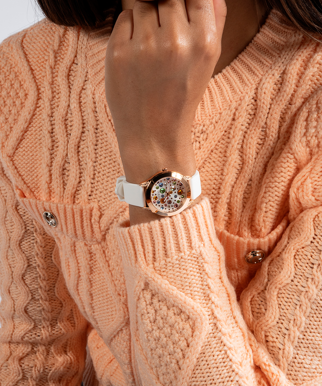 GUESS Ladies White Rose Gold Tone Analog Watch lifestyle watch on wrist orangesweater