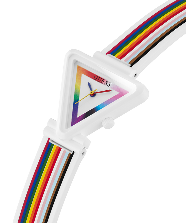 GW0679L1 Pride Limited Edition GUESS Ladies White Rainbow Analog Watch lifestyle angle
