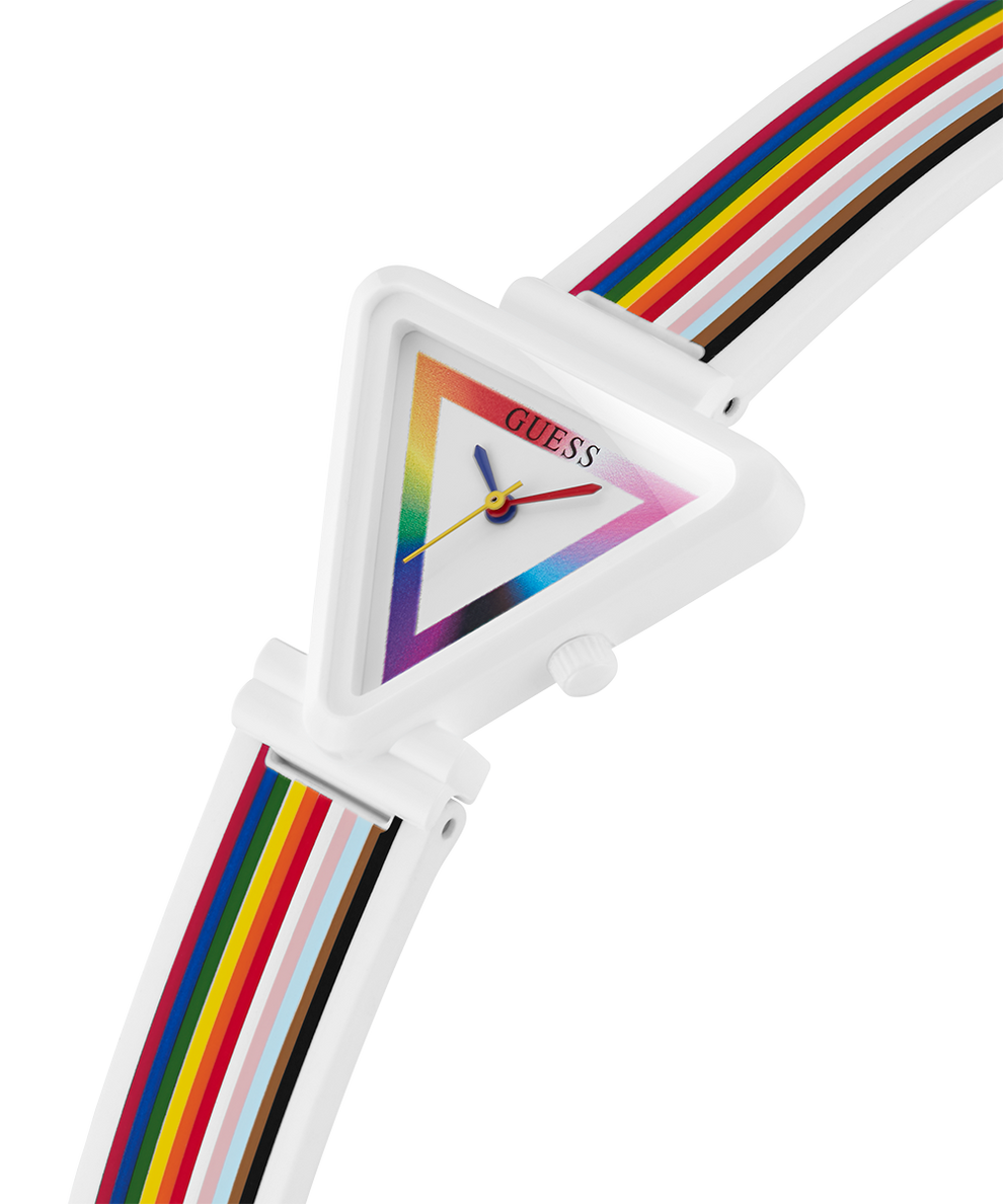 GW0679L1 Pride Limited Edition GUESS Ladies White Rainbow Analog Watch lifestyle angle