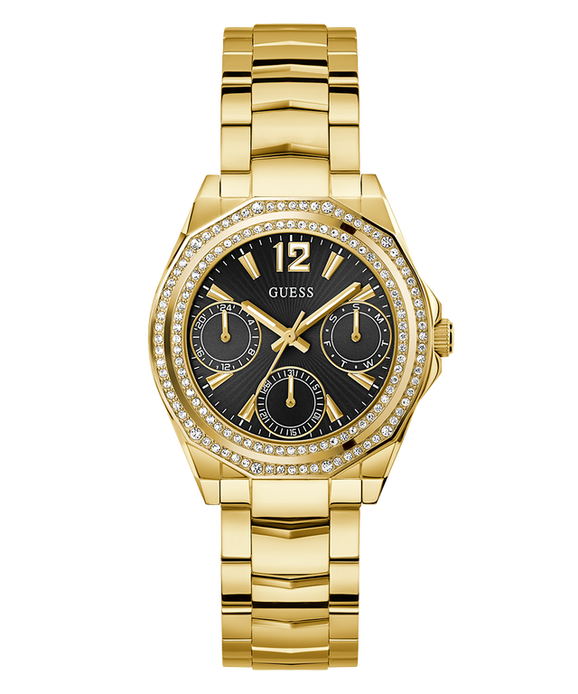 GUESS Ladies Gold Tone Multi-function Watch with black face and diamond accents on a white background