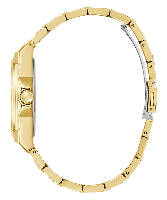 Side of GUESS Ladies Gold Tone Multi-function Watch strap on a white background