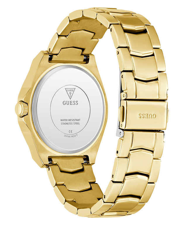 Caseback of GUESS Ladies Gold Tone Multi-function Watch with a visible brand logo on a white background