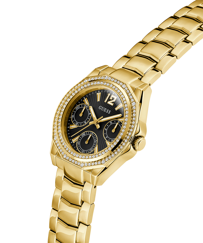 Gold watch with black dial on a white background lifestyle