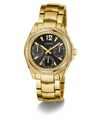 GUESS Ladies Gold Tone Multi-function Watch with black dial and diamond accents on a white background