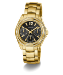 GUESS Ladies Gold Tone Multi-function Watch with black dial and diamond accents on a white background