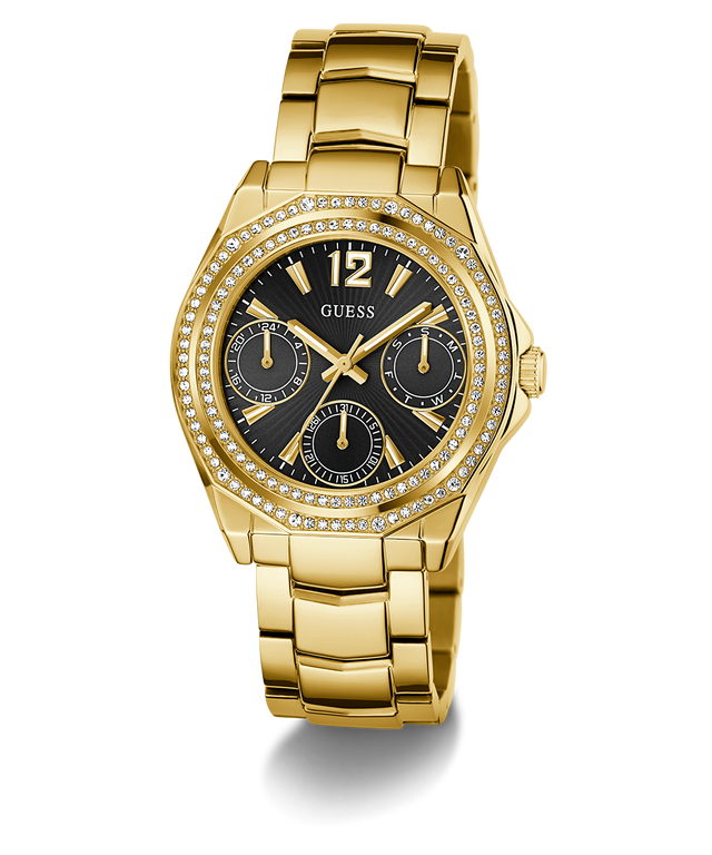 GUESS Ladies Gold Tone Multi-function Watch with black dial and diamond accents on a white background