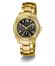GUESS Ladies Gold Tone Multi-function Watch with black dial and diamond accents on a white background