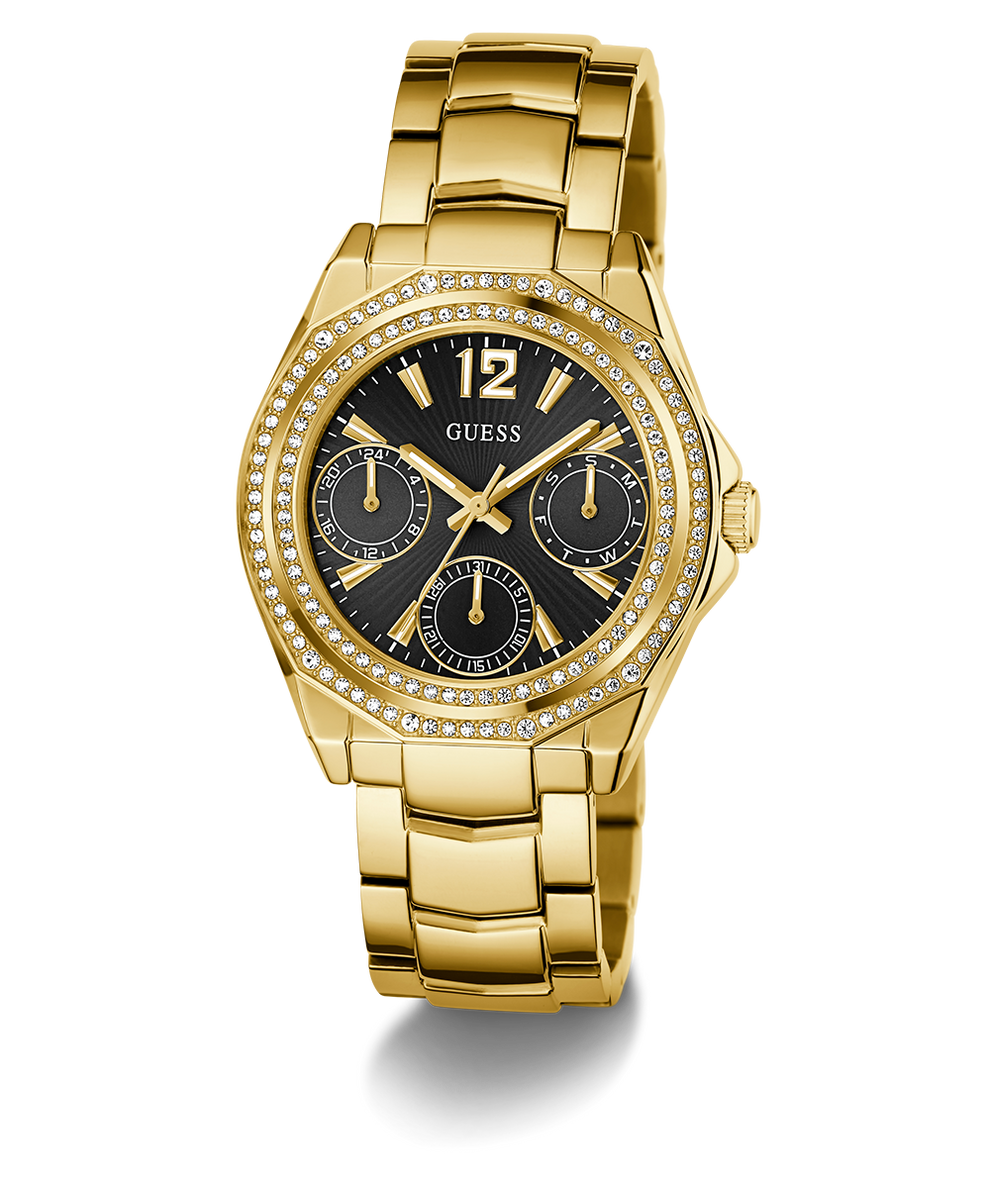 GUESS Ladies Gold Tone Multi-function Watch with black dial and diamond accents on a white background
