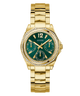 GUESS Ladies Gold Tone Multi-function Watch with a green face on a white background