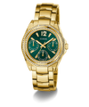 GUESS Ladies Gold Tone Multi-function Watch with a green face and diamond-studded bezel on a white background