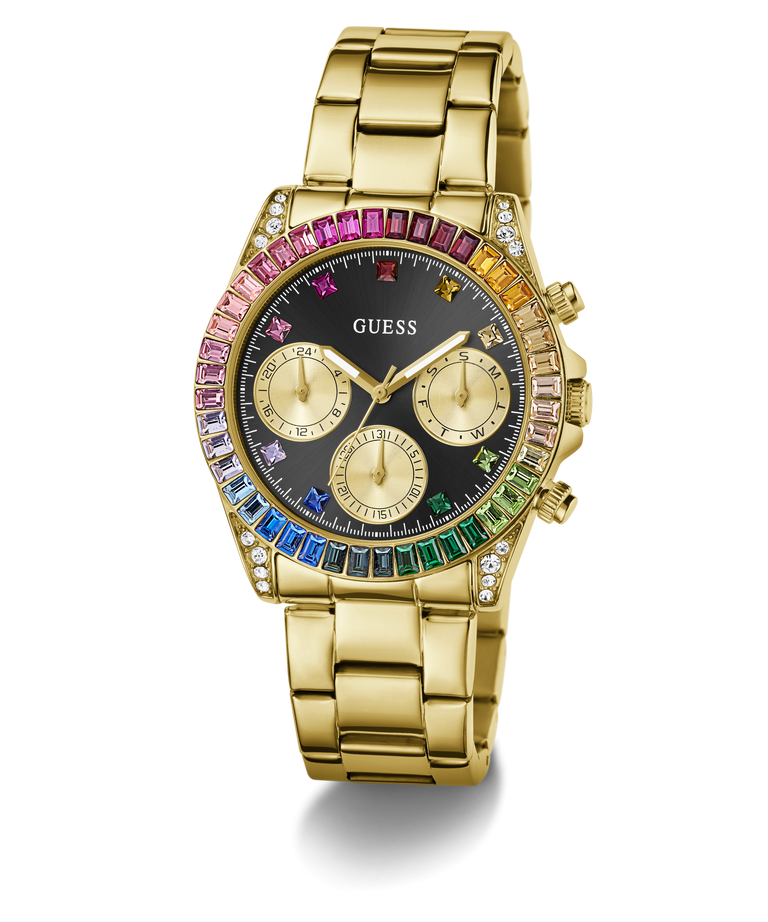 Gold-tone Guess wristwatch with a rainbow-colored bezel, gold-tone metal link bracelet, and a black dial with three subdials.